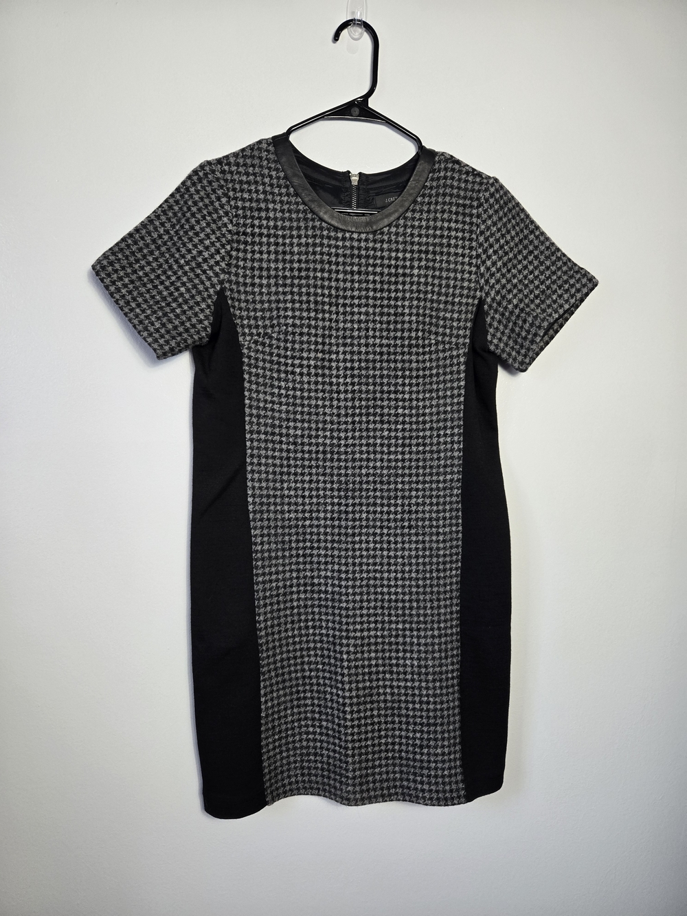 J. Crew Wool Houndstooth Leather Trim Colorblock Shift Dress Black Gray Size 4